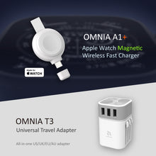 Load image into Gallery viewer, OMNIA A1+ Apple Watch Magnetic Wireless Fast Charger + OMNIA T3 Universal Travel Adapter