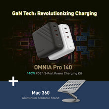 Load image into Gallery viewer, OMNIA Pro 140 140W 3-Port Power Charging Kit+Mac 360 Aluminum Foldable Stand