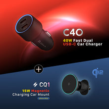 Load image into Gallery viewer, C40 40W Fast Dual USB-C Car Charger + CQ1 Qi2 Magnetic Charging Car Mount