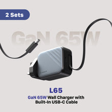 Load image into Gallery viewer, L65 UK GaN 65W Wall Charger with Built-In USB-C Cable - 2 Sets