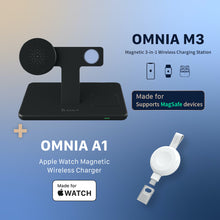 Load image into Gallery viewer, OMNIA M3 Magnetic 3-in-1 Wireless Charging Station + OMNIA A1 Apple Watch Magnetic Wireless Charger
