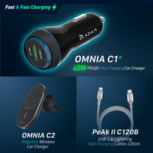 Load image into Gallery viewer, OMNIA C1+ 45W PD/QC Fast charging Car Charger + OMNIA C2 Magnetic Wireless Car Charger + PeAk II C120B USB-C to Lightning Cable (1.2M)