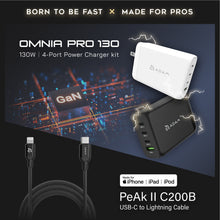 Load image into Gallery viewer, OMNIA Pro 130 - 130W 4-Port Power Charger + PeAk II C200B USB-C to Lightning Cable (2M)