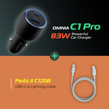 Load image into Gallery viewer, OMNIA C1 Pro - 83W Powerful Car Charger + PeAk II C120B USB-C to Lightning Cable