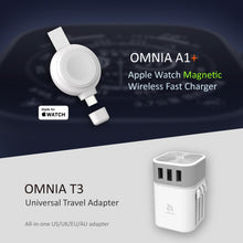 Load image into Gallery viewer, OMNIA A1+ Apple Watch Magnetic Wireless Fast Charger + OMNIA T3 Universal Travel Adapter
