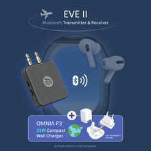 Load image into Gallery viewer, EVE II  Bluetooth Transmitter &amp; Receiver +  OMNIA P3 USB-C 33W Compact Wall Charger
