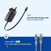 Load image into Gallery viewer, L35 UK GaN 35W Wall Charger with Built-In USB-C Cable + PeAk MS401 4-in-1 60W Magnetic Charging Cable
