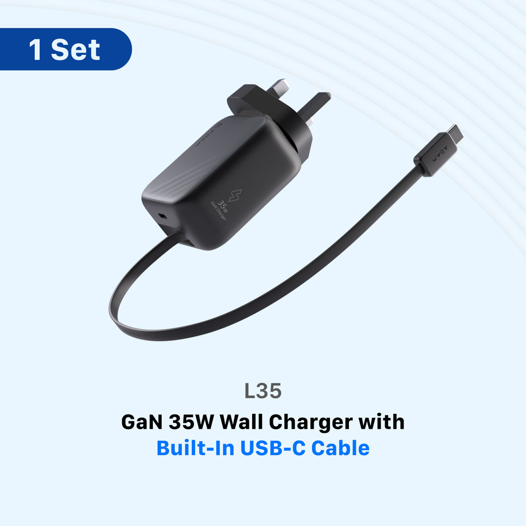 L35 UK GaN 35W Wall Charger with Built-In USB-C Cable