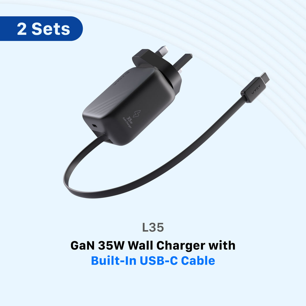 L35 UK GaN 35W Wall Charger with Built-In USB-C Cable - 2 Sets