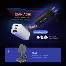 Load image into Gallery viewer, OMNIA X6i PD / QC 66W Compact Wall Charger + Mag 3 Magnetic 3-in-1 Foldable Travel Charging Station
