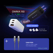 Load image into Gallery viewer, OMNIA X6i PD / QC 66W Compact Wall Charger + CASA P200 USB-C to USB-C 240W Braided Charging Cable (200CM)
