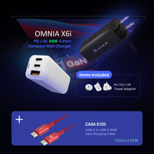 Load image into Gallery viewer, OMNIA X6i PD / QC 66W Compact Wall Charger + CASA S120  USB-C to USB-C 60W Braided Charging Cable (120CM)
