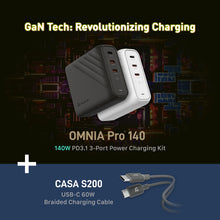 Load image into Gallery viewer, OMNIA Pro 140 140W 3-Port Power Charging Kit＋CASA S200 USB-C to USB-C 60W Braided Charging Cable (200CM)
