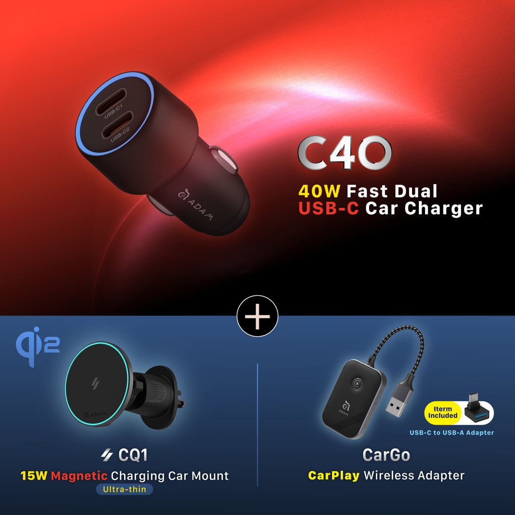 C40	40W Fast Dual USB-C Car Charger + CarGo CarPlay Wireless Adapter + CQ1 Qi2 Magnetic Charging Car Mount