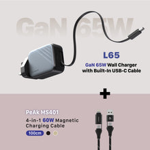Load image into Gallery viewer, L65 UK GaN 65W Wall Charger with Built-In USB-C Cable + PeAk MS401 4-in-1 60W Magnetic Charging Cable
