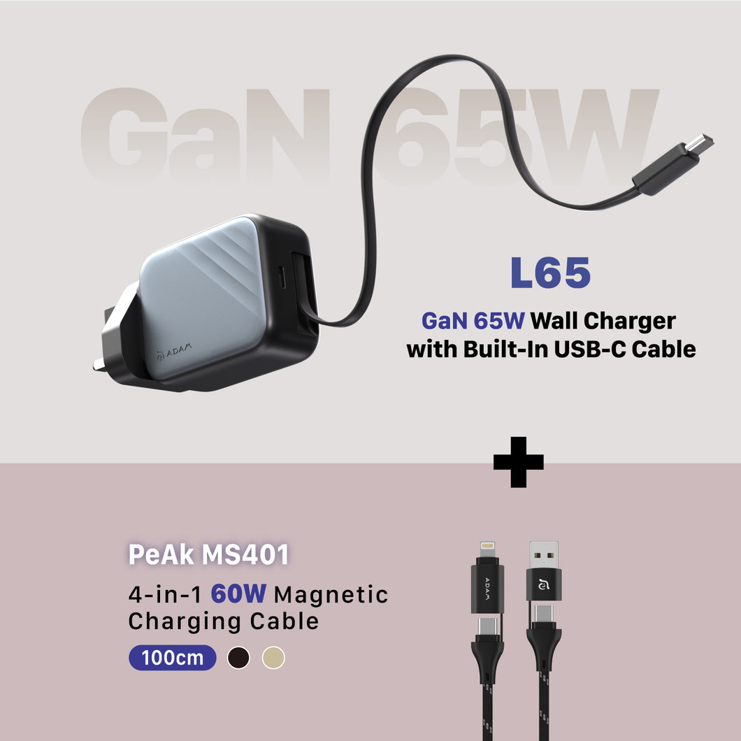 L65 UK GaN 65W Wall Charger with Built-In USB-C Cable + PeAk MS401 4-in-1 60W Magnetic Charging Cable