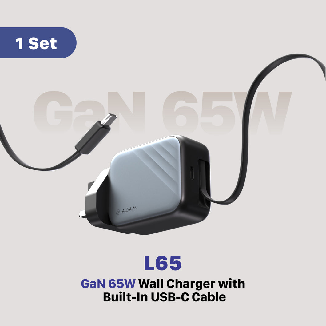 L65 UK GaN 65W Wall Charger with Built-In USB-C Cable