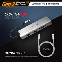 Load image into Gallery viewer, CASA Hub A09 USB-C Gen2 SuperSpeed 9-in-1 Multi-Function Hub + CASA C100+ - USB-C to USB-C 100W Charing  &amp; Video Output Cable (1M)
