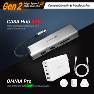 CASA Hub A09 USB-C Gen2 SuperSpeed 9-in-1 Multi-Function Hub + OMNIA Pro GaN 100W Super Charging Kit (Travel Plugs Included)