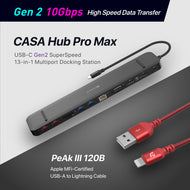 CASA HUB Pro Max USB-C 3.1 Gen 2 & 4K60Hz 13-in-1 Hub + Apple MFi-Certified USB-A to Lightning Cable 3.9 FT