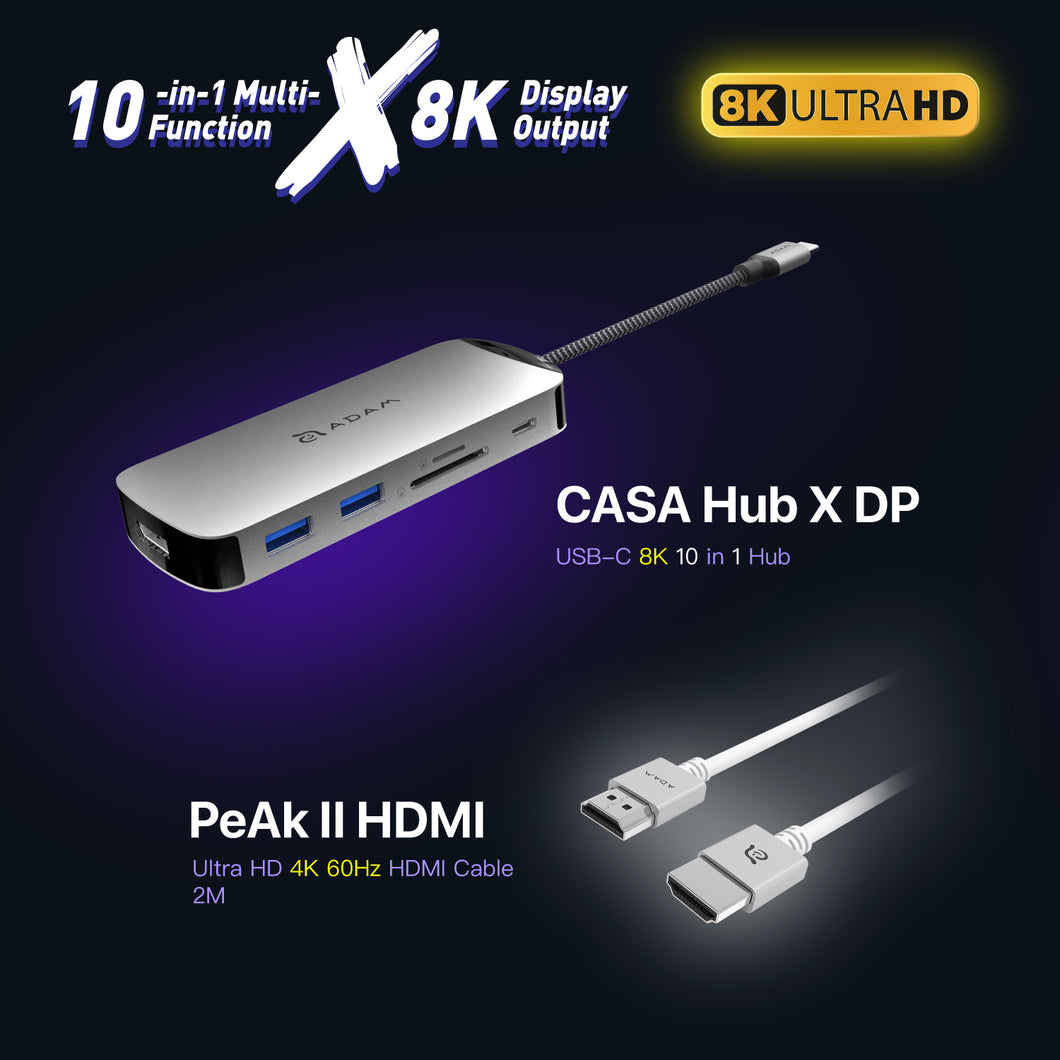 CASA Hub X DP - USB-C 8K 10-in-1 Hub + PeAk II Ultra HD 4K 60Hz HDMI Cable (2M)