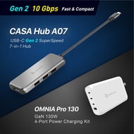 CASA Hub A07 USB-C Gen2 SuperSpeed 7-in-1 Hub + OMNIA Pro 130 - 130W 4-Port Power Charger