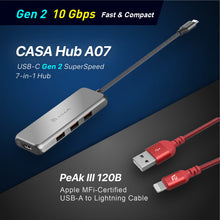 Load image into Gallery viewer, CASA Hub A07 USB-C Gen2 SuperSpeed 7-in-1 Hub + PeAk III 120B - Apple MFi-Certified USB-A to Lightning Cable (1.2M)
