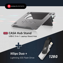 Load image into Gallery viewer, CASA Hub Stand USB-C 5-in-1 Laptop Stand Hub + iKlips DUO+ 128GB Apple Lightning iOS Flash Drive (Black)
