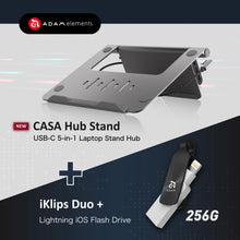 Load image into Gallery viewer, CASA Hub Stand USB-C 5-in-1 Laptop Stand Hub + iKlips DUO+ 256GB Apple Lightning iOS Flash Drive (Black)
