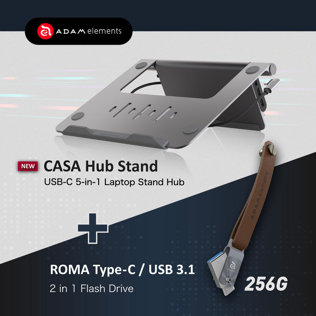 CASA Hub Stand USB-C 5-in-1 Laptop Stand Hub + Roma 256GB USB Type-C / USB 3.1 2 in 1 Flash Drive (Gray)