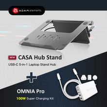 Load image into Gallery viewer, CASA Hub Stand - USB-C 5-in-1 Laptop Stand Hub + OMNIA Pro GaN 100W Super Charging Kit (Travel Plugs Included)
