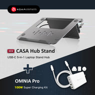 CASA Hub Stand - USB-C 5-in-1 Laptop Stand Hub + OMNIA Pro GaN 100W Super Charging Kit (Travel Plugs Included)