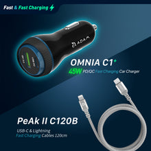 Load image into Gallery viewer, OMNIA C1+ 45W  PD/QC Fast charging Car Charger + PeAk II C120B USB-C to Lightning Cable (1.2M)
