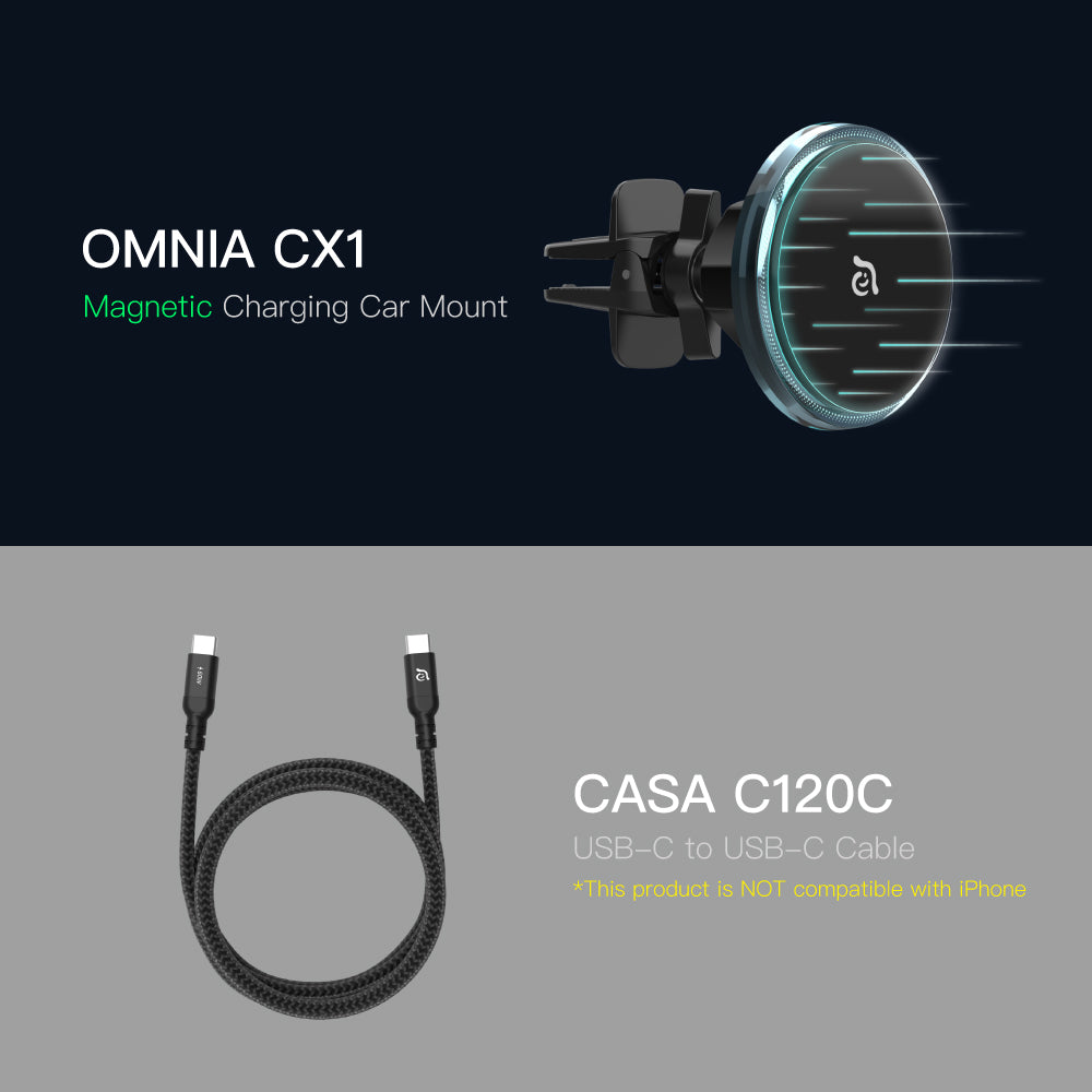 OMNIA CX1 Magnetic Charging Car Mount ＋ CASA C120C USB-C to USB-C 60W Charging Cable (1.2M)