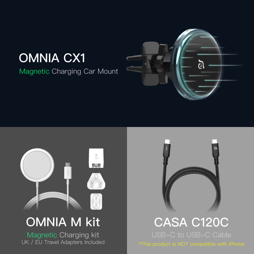 OMNIA CX1 Magnetic Charging Car Mount ＋ OMNIA M Kit Magnetic Charging Kit ＋ CASA C120C USB-C to USB-C 60W Charging Cable (1.2M)