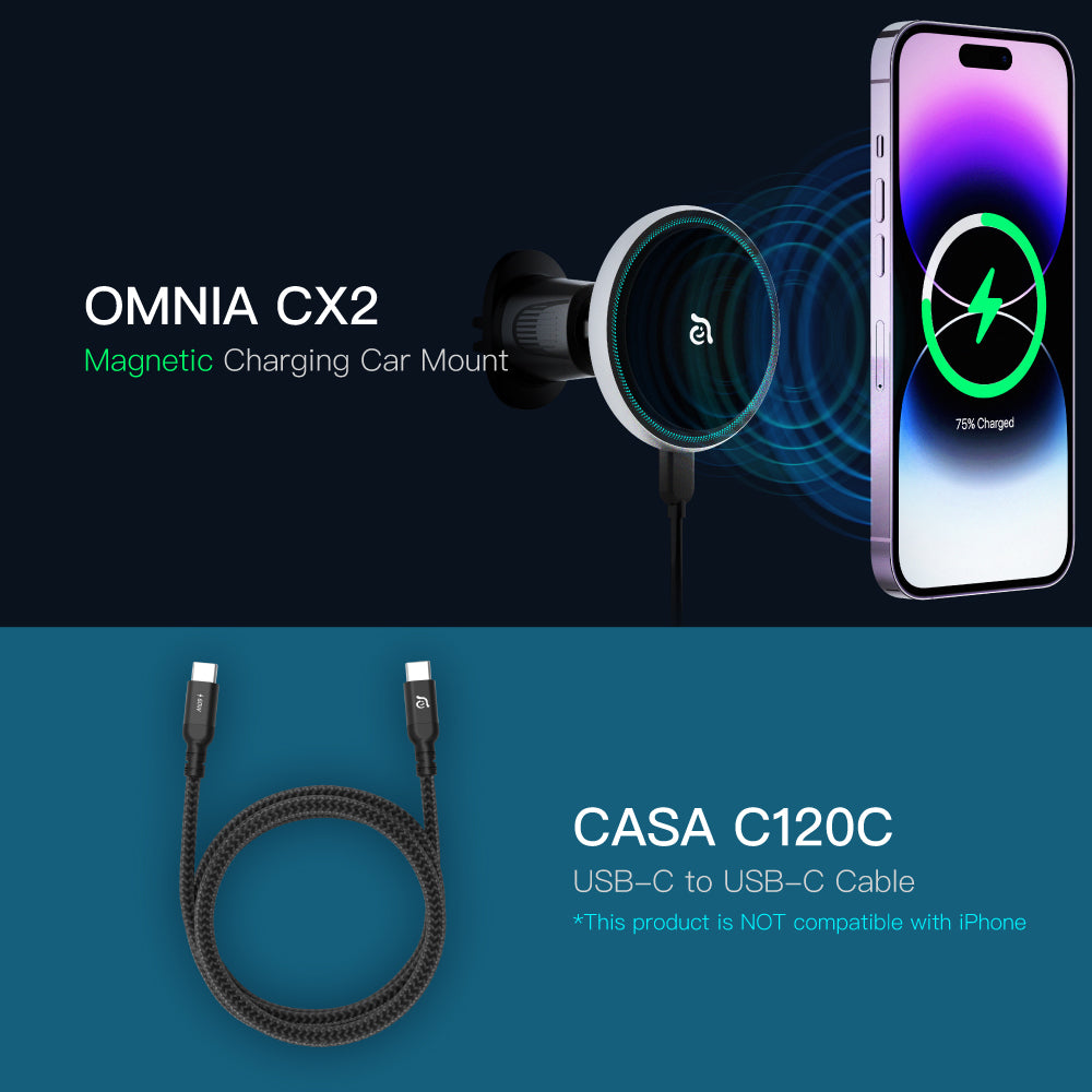 OMNIA CX2 Magnetic Charging Car Mount ＋ CASA C120C USB-C to USB-C 60W Charging Cable (1.2M)