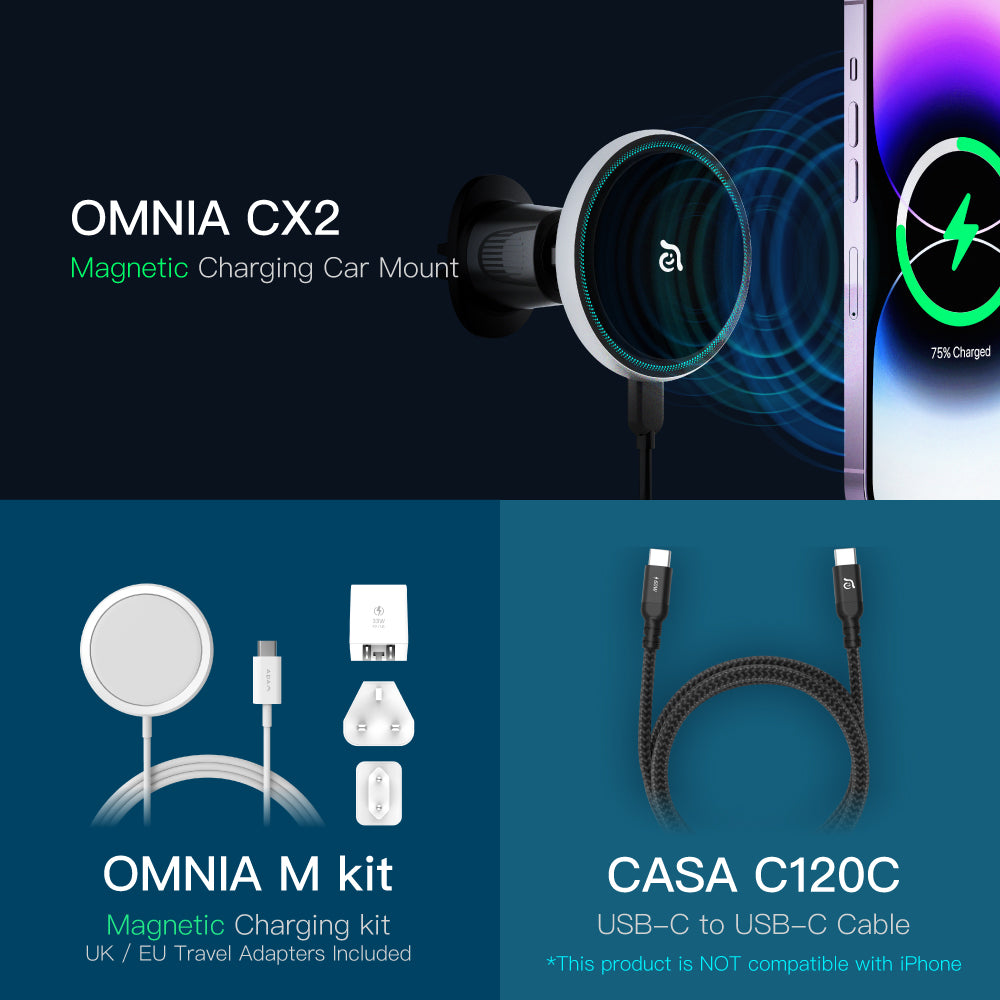 OMNIA CX2 Magnetic Charging Car Mount ＋ OMNIA M Kit Magnetic Charging Kit ＋ CASA C120C USB-C to USB-C 60W Charging Cable (1.2M)