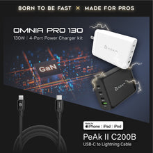Load image into Gallery viewer, OMNIA Pro 130 - 130W 4-Port Power Charger + PeAk II C200B USB-C to Lightning Cable (2M)
