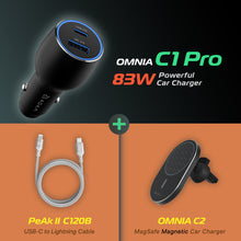 Load image into Gallery viewer, OMNIA C1 Pro - 83W Powerful Car Charger + OMNIA C2 Magnetic Car Charger + PeAk II C120B USB-C to Lightning Cable

