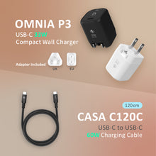 Load image into Gallery viewer, OMNIA P3 USB-C 33W Compact Wall Charger + CASA C120C USB-C to USB-C 60W Charging Cable (1.2M)
