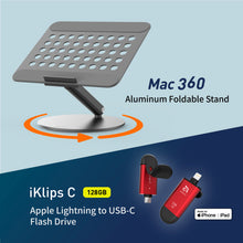 Load image into Gallery viewer, Mac 360 Aluminum Foldable Stand + iKlips C Apple Lightning/USB-C Flash Drive 128GB
