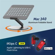Mac 360 Aluminum Foldable Stand + iKlips C Apple Lightning/USB-C Flash Drive 128GB