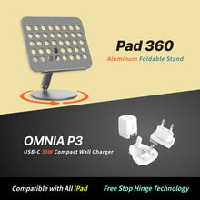 Load image into Gallery viewer, Pad 360 Aluminum Foldable Stand + OMNIA P3 USB-C 33W Compact Wall Charger
